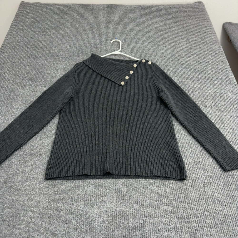 Lauren Ralph Lauren Sweater Womens S Gray Cotton Ribbed Asymmetric Neck Classic